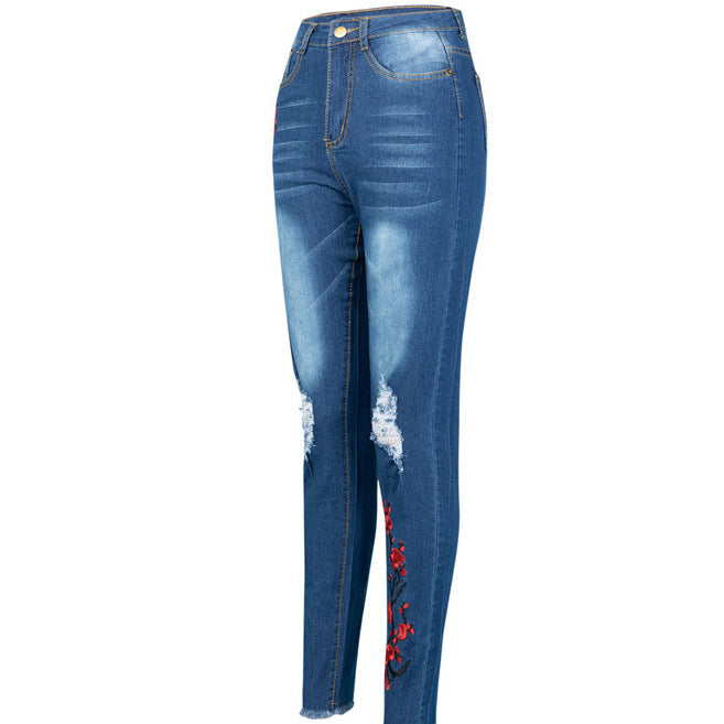 New Hole Embroidered High Elastic Denim Pants