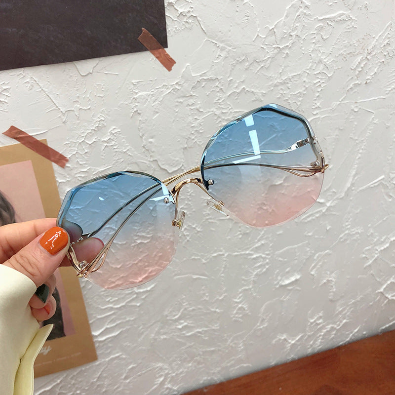New Frameless Crystal Cut Edge Curved Leg Sunglasses Women