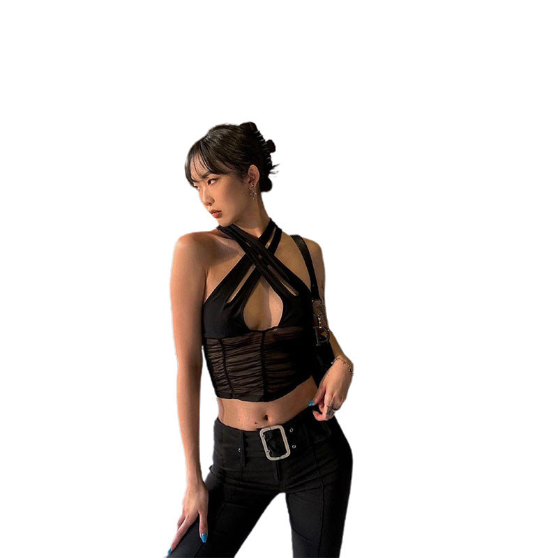 New Women Hanging Neck Backless Hollow Slim Mesh Bottoming Vest