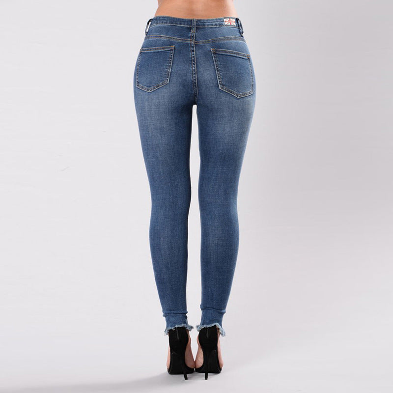 New Hole Embroidered High Elastic Denim Pants