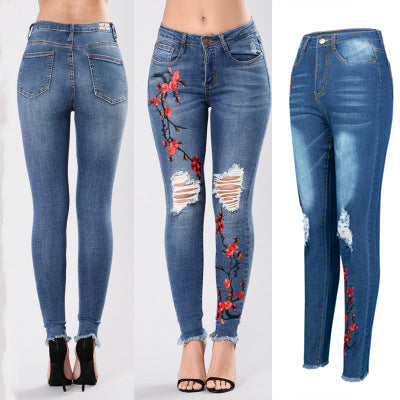 New Hole Embroidered High Elastic Denim Pants