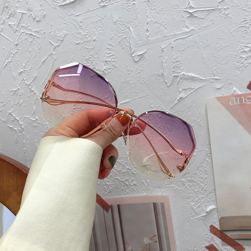 New Frameless Crystal Cut Edge Curved Leg Sunglasses Women