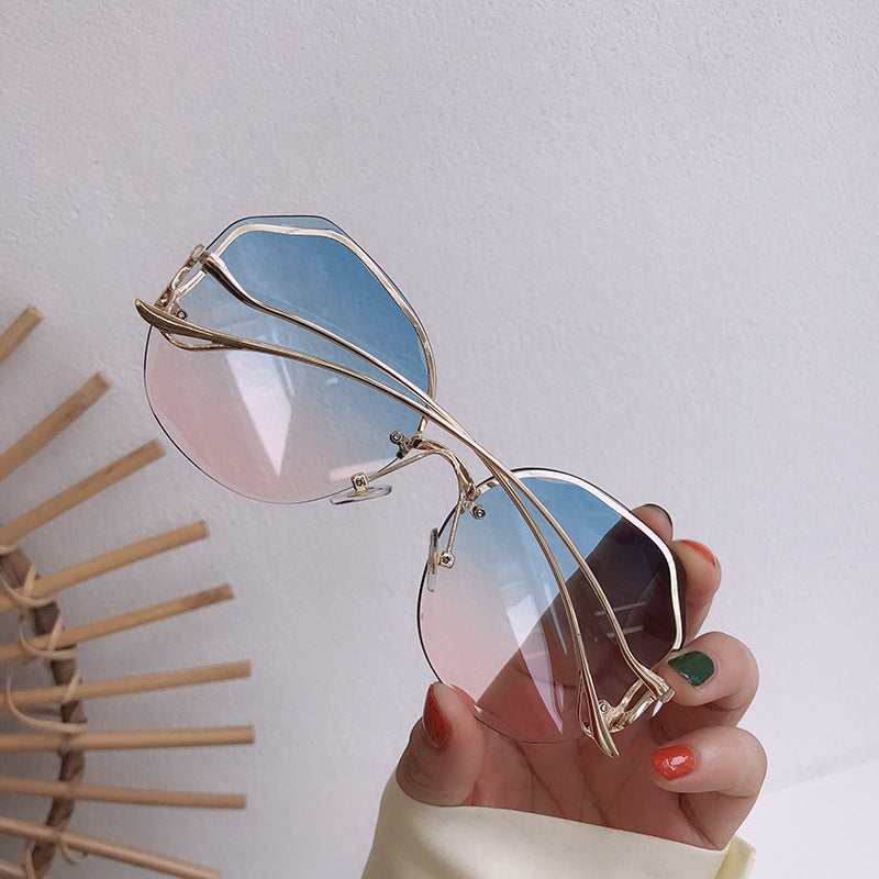 New Frameless Crystal Cut Edge Curved Leg Sunglasses Women
