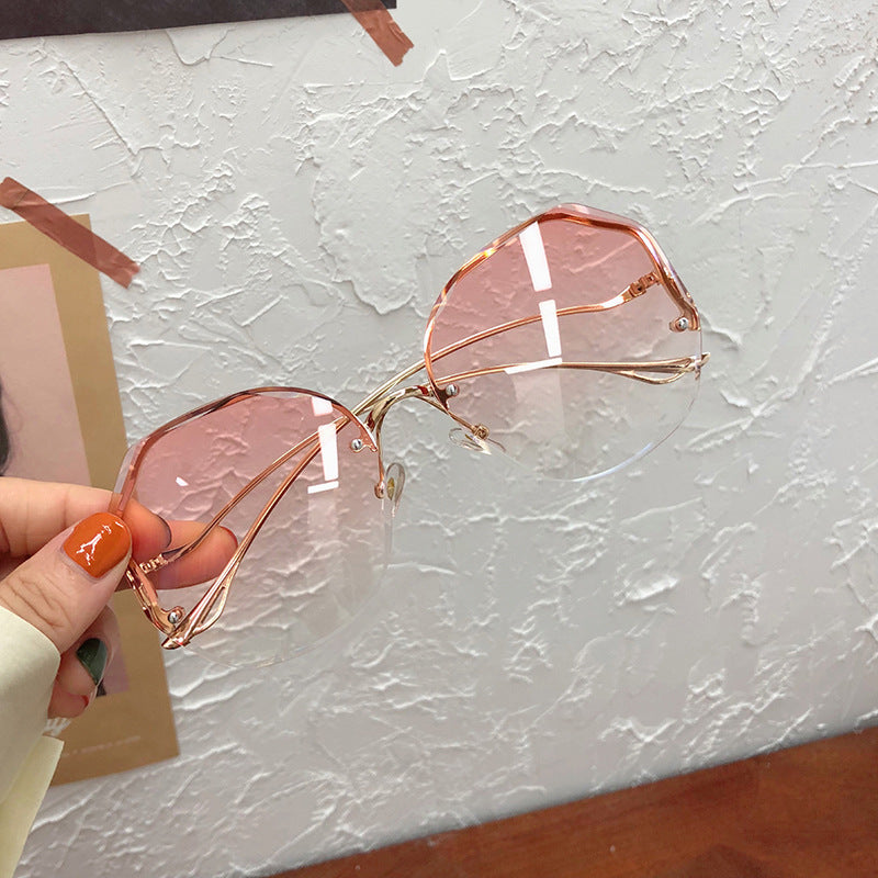 New Frameless Crystal Cut Edge Curved Leg Sunglasses Women