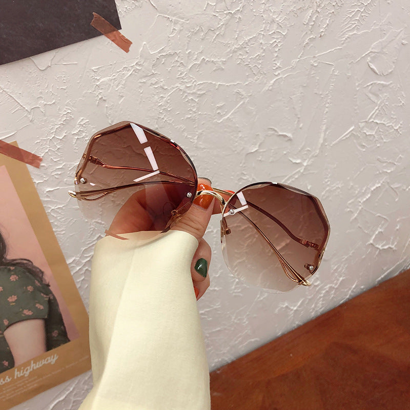 New Frameless Crystal Cut Edge Curved Leg Sunglasses Women