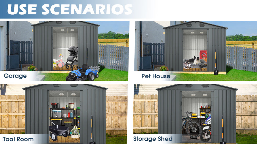 New Outdoor Storage Shed Galvanized Steel Garden Shed with 4 Vents Double Sliding Door, Utility Tool Shed Storage House for Backyard, Patio, Lawn