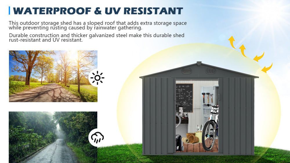 New Outdoor Storage Shed Galvanized Steel Garden Shed with 4 Vents Double Sliding Door, Utility Tool Shed Storage House for Backyard, Patio, Lawn