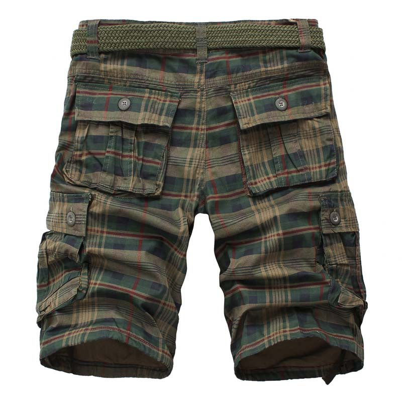New Men Work Shorts Sports Pants Five-point Multi-pocket Plaid Shorts