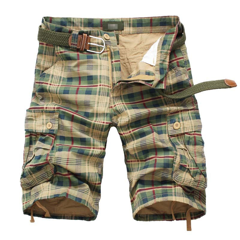 New Men Work Shorts Sports Pants Five-point Multi-pocket Plaid Shorts