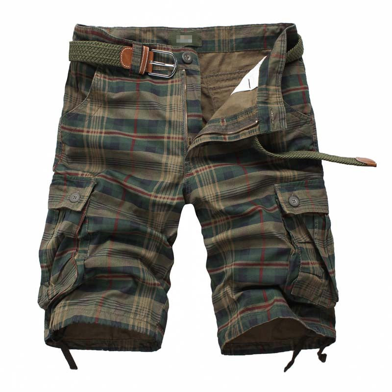 New Men Work Shorts Sports Pants Five-point Multi-pocket Plaid Shorts
