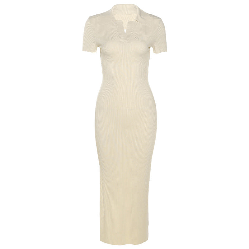 New Women Lapel Short-sleeved Sexy Backless Slim Slit Dress