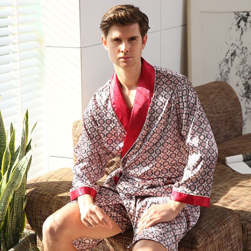 New Men Silk Nightgown Shorts Two-Piece Suit Summer Thin Section Long-Sleeve Pajamas Plus Size Bathrobes