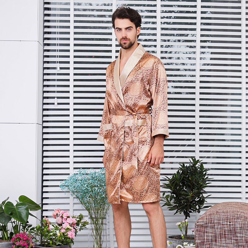 New Men Silk Nightgown Shorts Two-Piece Suit Summer Thin Section Long-Sleeve Pajamas Plus Size Bathrobes