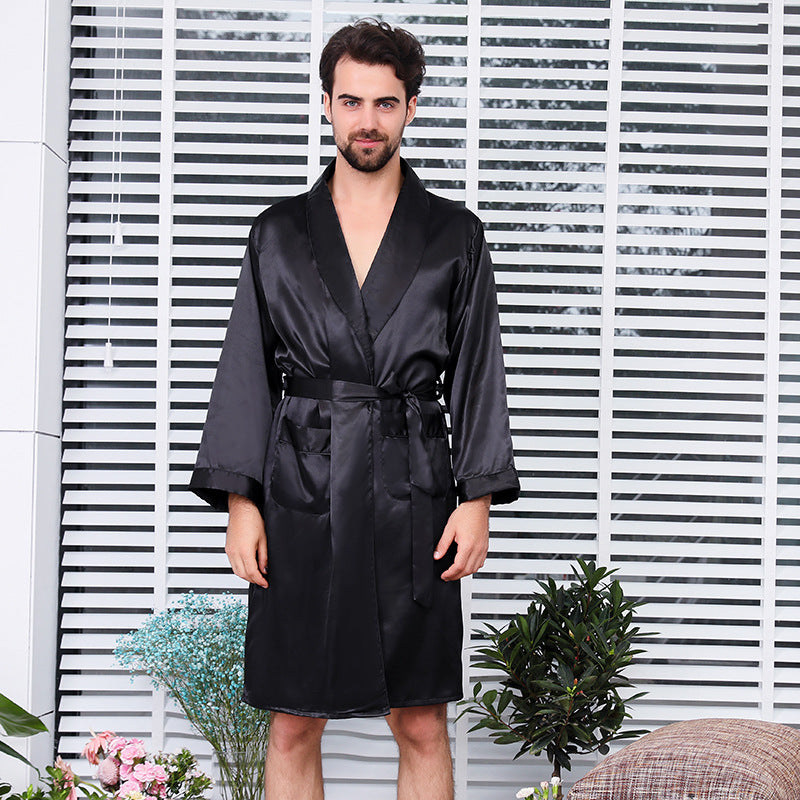 New Men Silk Nightgown Shorts Two-Piece Suit Summer Thin Section Long-Sleeve Pajamas Plus Size Bathrobes