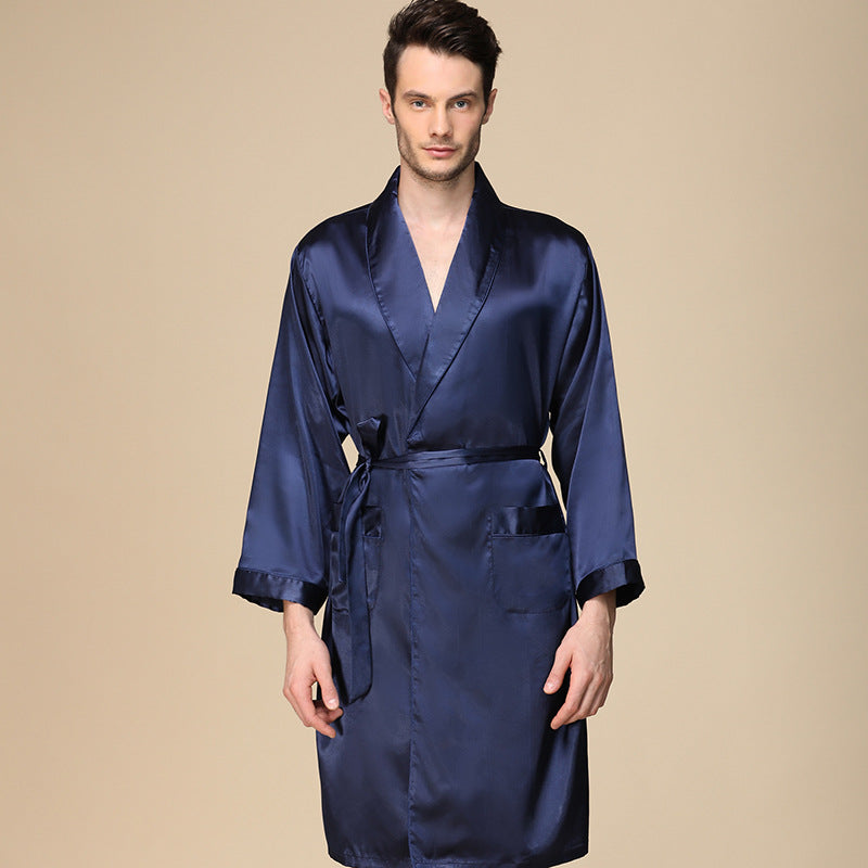 New Men Silk Nightgown Shorts Two-Piece Suit Summer Thin Section Long-Sleeve Pajamas Plus Size Bathrobes
