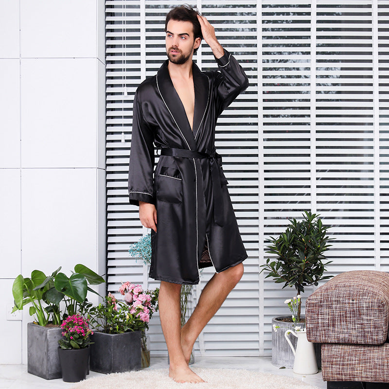 New Men Silk Nightgown Shorts Two-Piece Suit Summer Thin Section Long-Sleeve Pajamas Plus Size Bathrobes