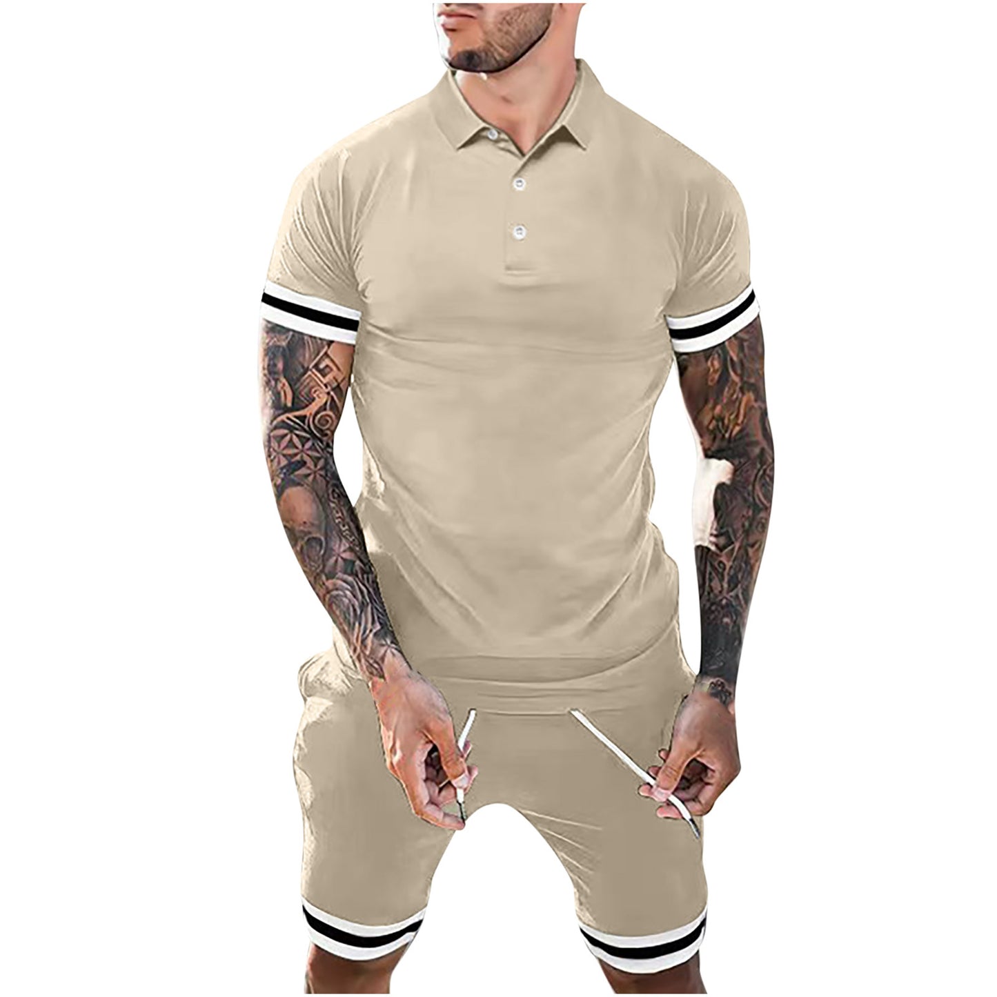New Men Lapel Button Polo Short-sleeved Two-piece Set Sports Suits