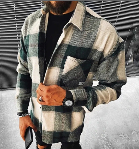New Men Shirt Plaid Pocket Long Sleeve Shirt