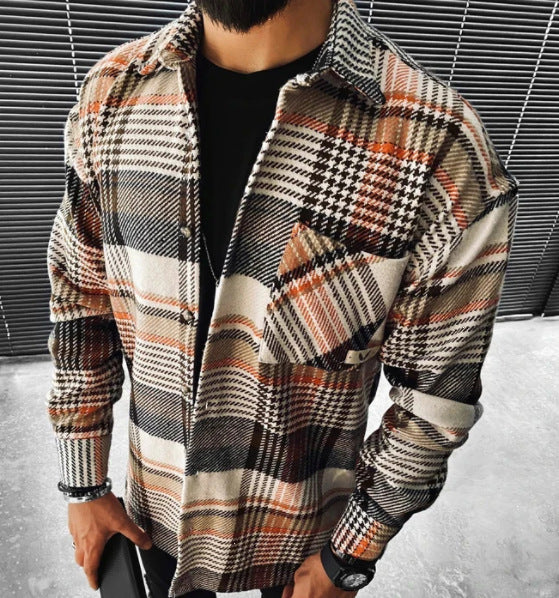 New Men Shirt Plaid Pocket Long Sleeve Shirt