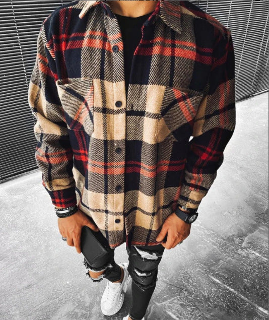 New Men Shirt Plaid Pocket Long Sleeve Shirt