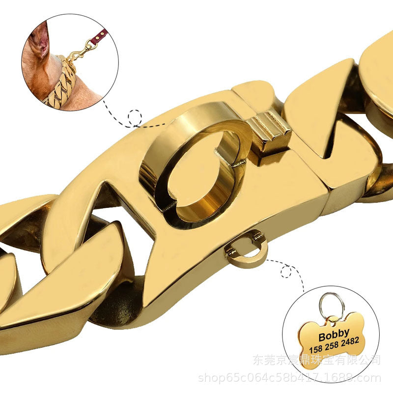 New 32mm Stainless Steel Casting Golden Dog Necklace Chain Large Dog Titanium Steel Collar