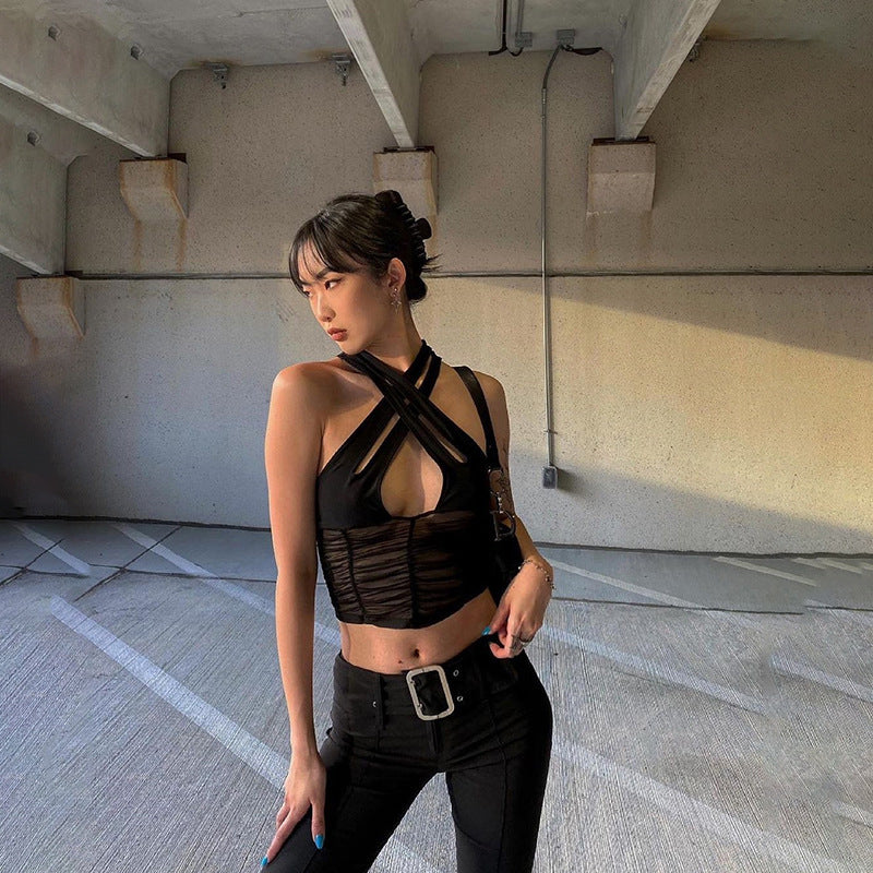 New Women Hanging Neck Backless Hollow Slim Mesh Bottoming Vest