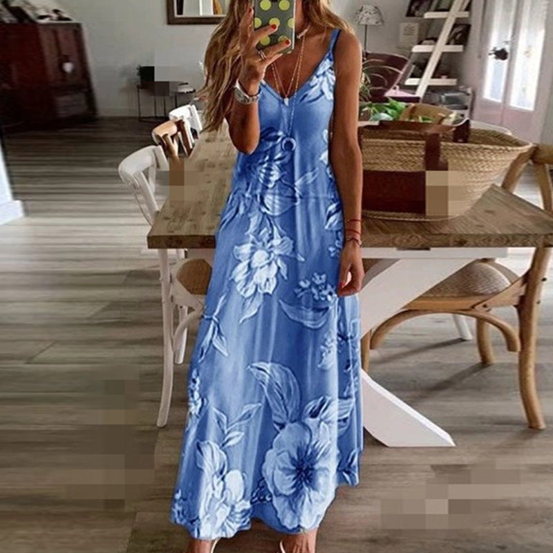 New Women Summer Sexy Low-cut Printed Flower Suspender Dress