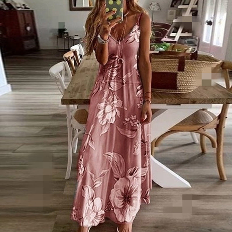 New Women Summer Sexy Low-cut Printed Flower Suspender Dress
