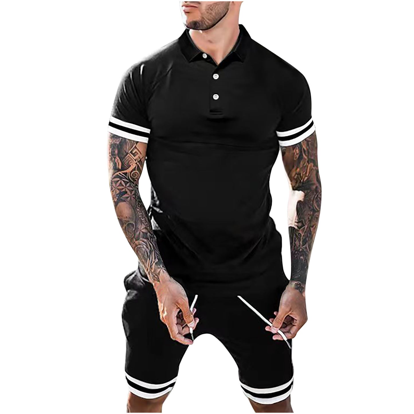 New Men Lapel Button Polo Short-sleeved Two-piece Set Sports Suits