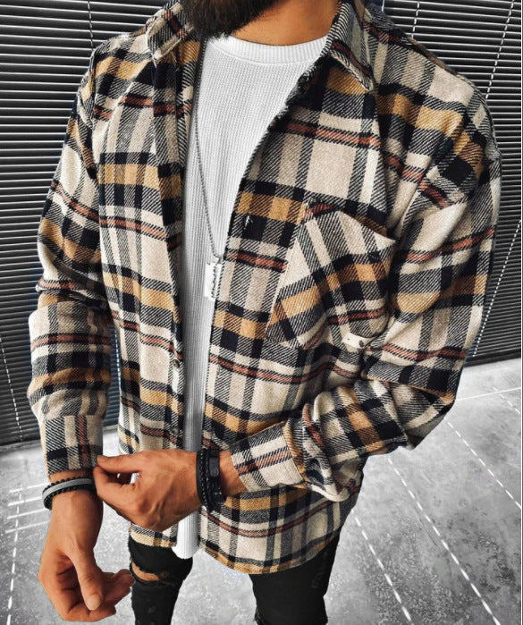 New Men Shirt Plaid Pocket Long Sleeve Shirt