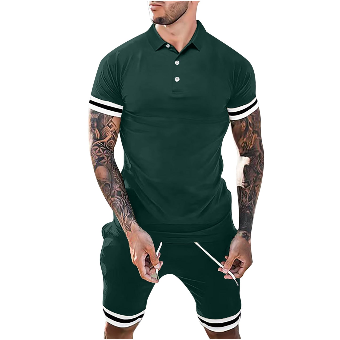 New Men Lapel Button Polo Short-sleeved Two-piece Set Sports Suits