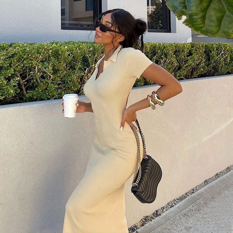 New Women Lapel Short-sleeved Sexy Backless Slim Slit Dress