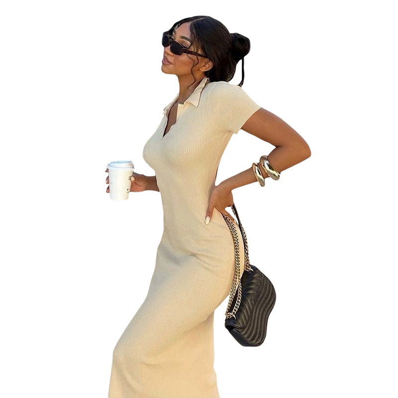 New Women Lapel Short-sleeved Sexy Backless Slim Slit Dress
