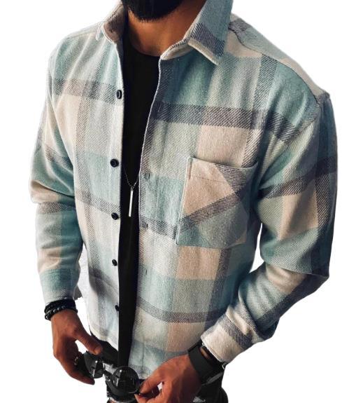 New Men Shirt Plaid Pocket Long Sleeve Shirt