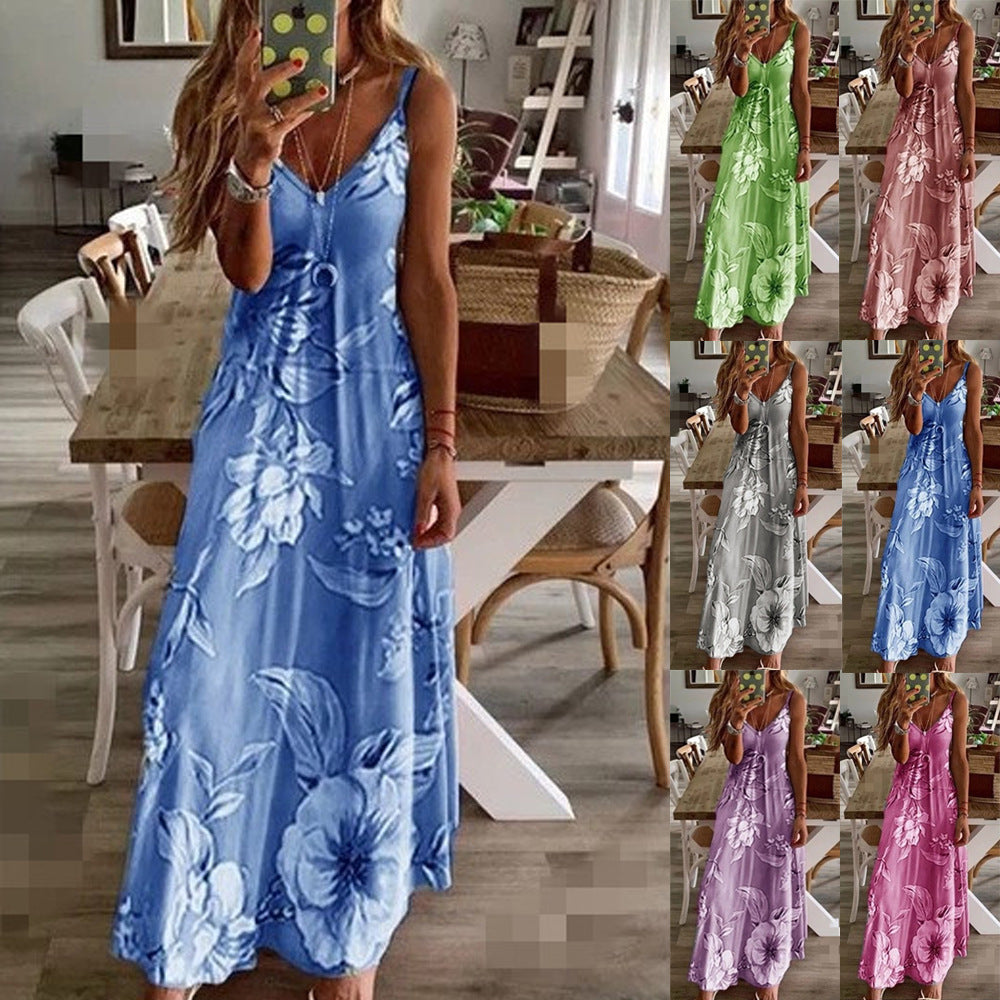 New Women Summer Sexy Low-cut Printed Flower Suspender Dress
