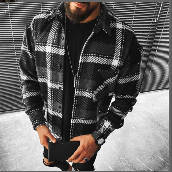 New Men Shirt Plaid Pocket Long Sleeve Shirt