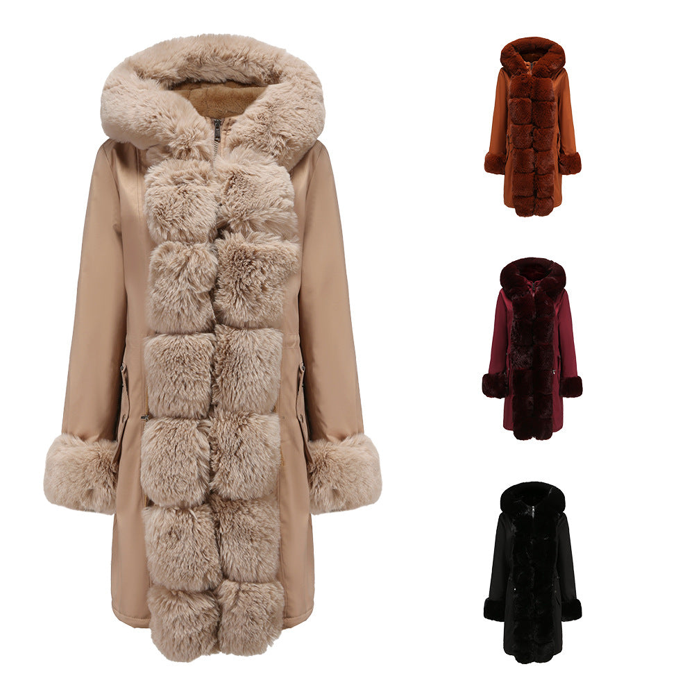 New Winter Women Fur Collar Hooded Warm Cotton Coat