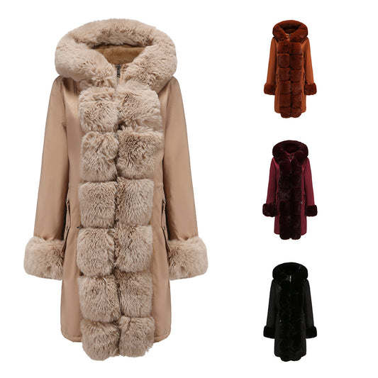 New Winter Women Fur Collar Hooded Warm Cotton Coat