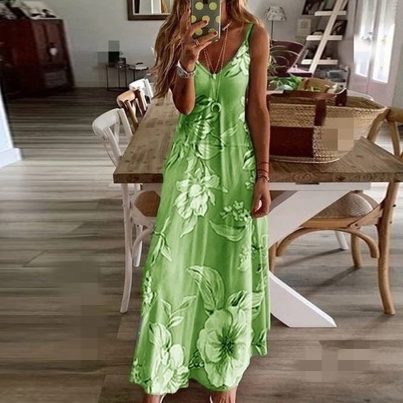 New Women Summer Sexy Low-cut Printed Flower Suspender Dress