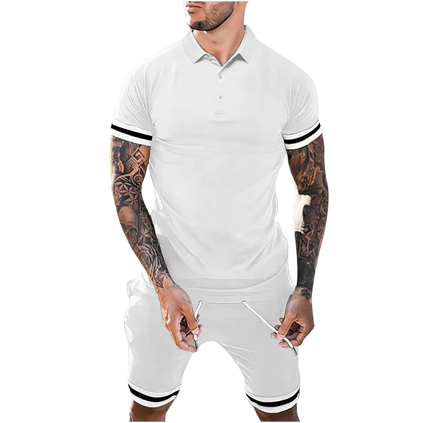 New Men Lapel Button Polo Short-sleeved Two-piece Set Sports Suits