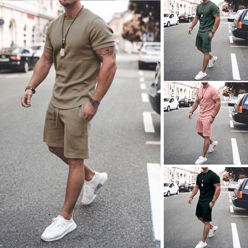New Summer Fitness Round Neck T-shirt Men Casual Sports Suit Male Short