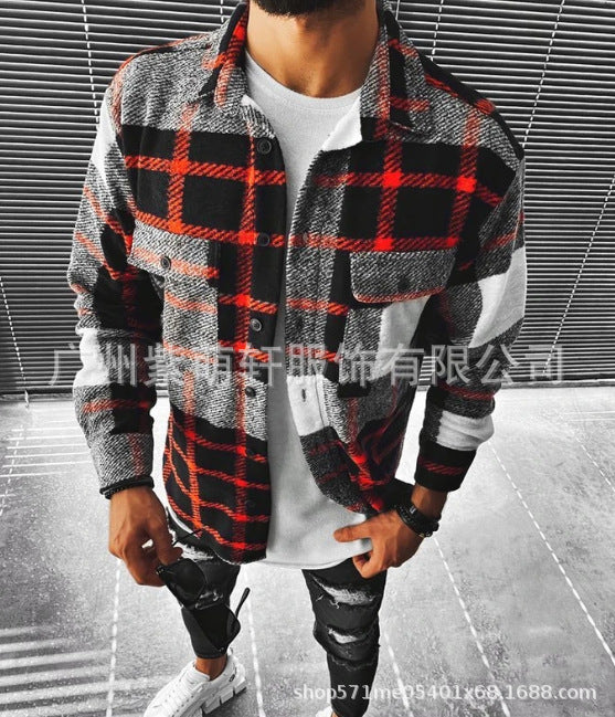 New Men Shirt Plaid Pocket Long Sleeve Shirt