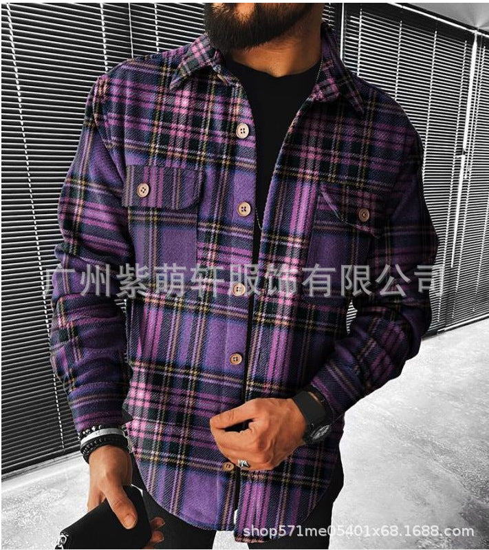 New Men Shirt Plaid Pocket Long Sleeve Shirt