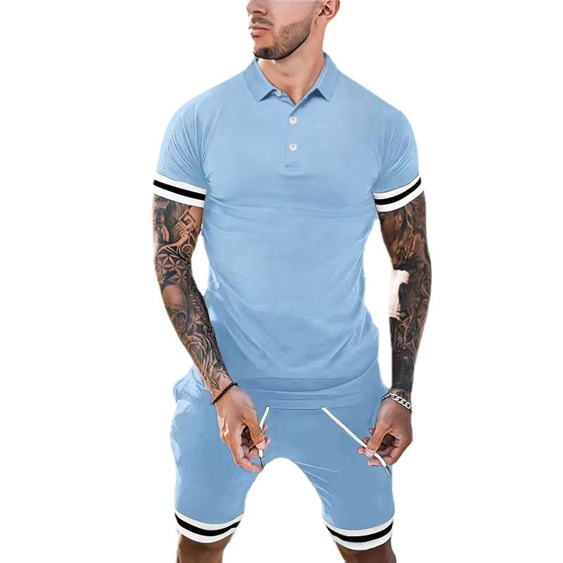 New Men Lapel Button Polo Short-sleeved Two-piece Set Sports Suits