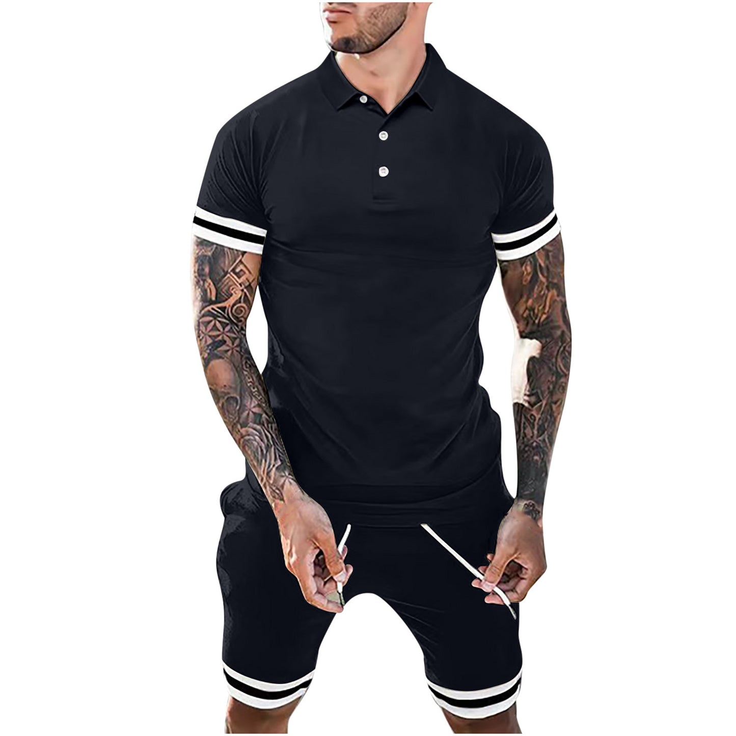 New Men Lapel Button Polo Short-sleeved Two-piece Set Sports Suits