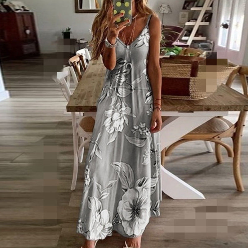 New Women Summer Sexy Low-cut Printed Flower Suspender Dress