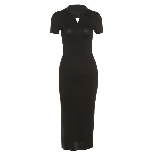 New Women Lapel Short-sleeved Sexy Backless Slim Slit Dress