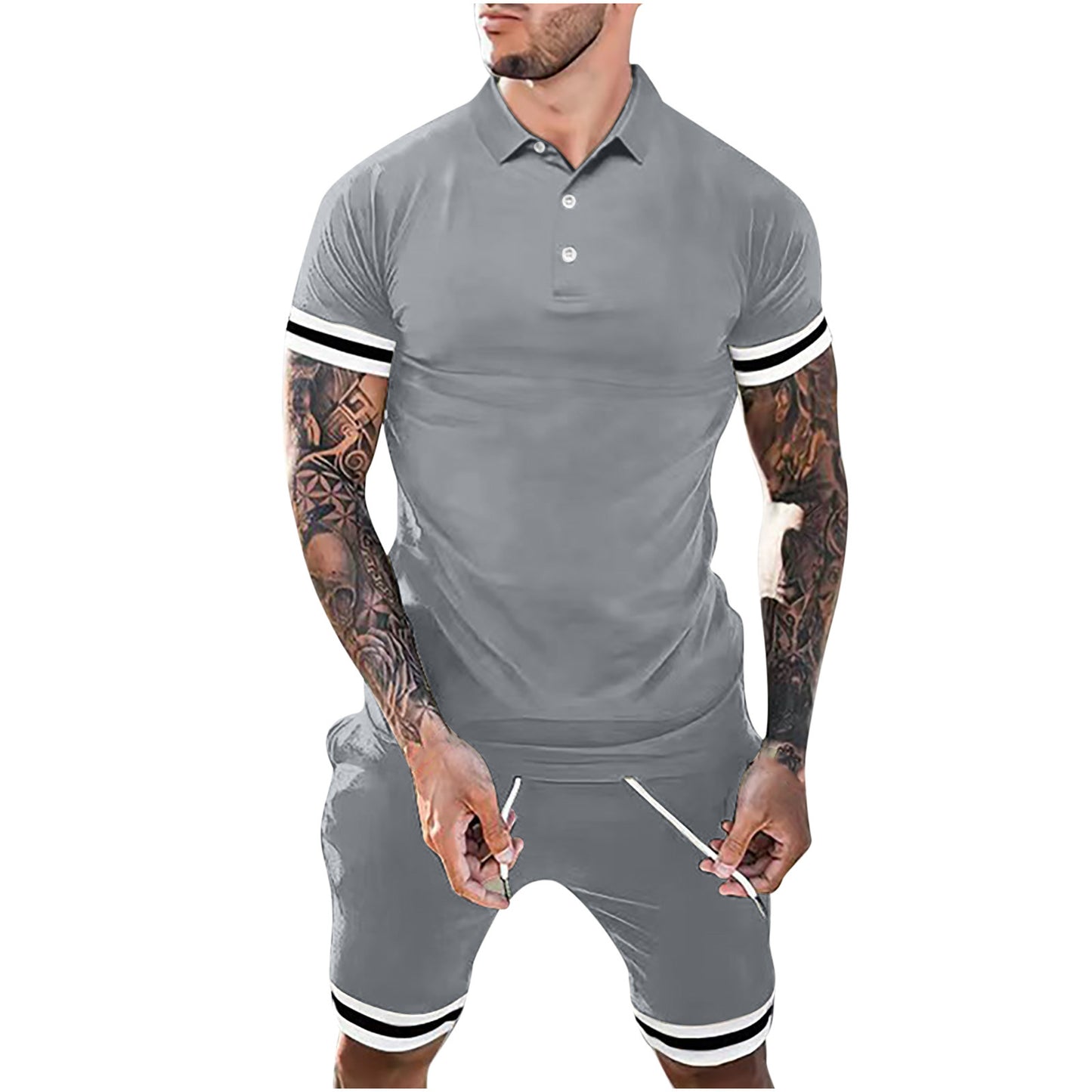 New Men Lapel Button Polo Short-sleeved Two-piece Set Sports Suits