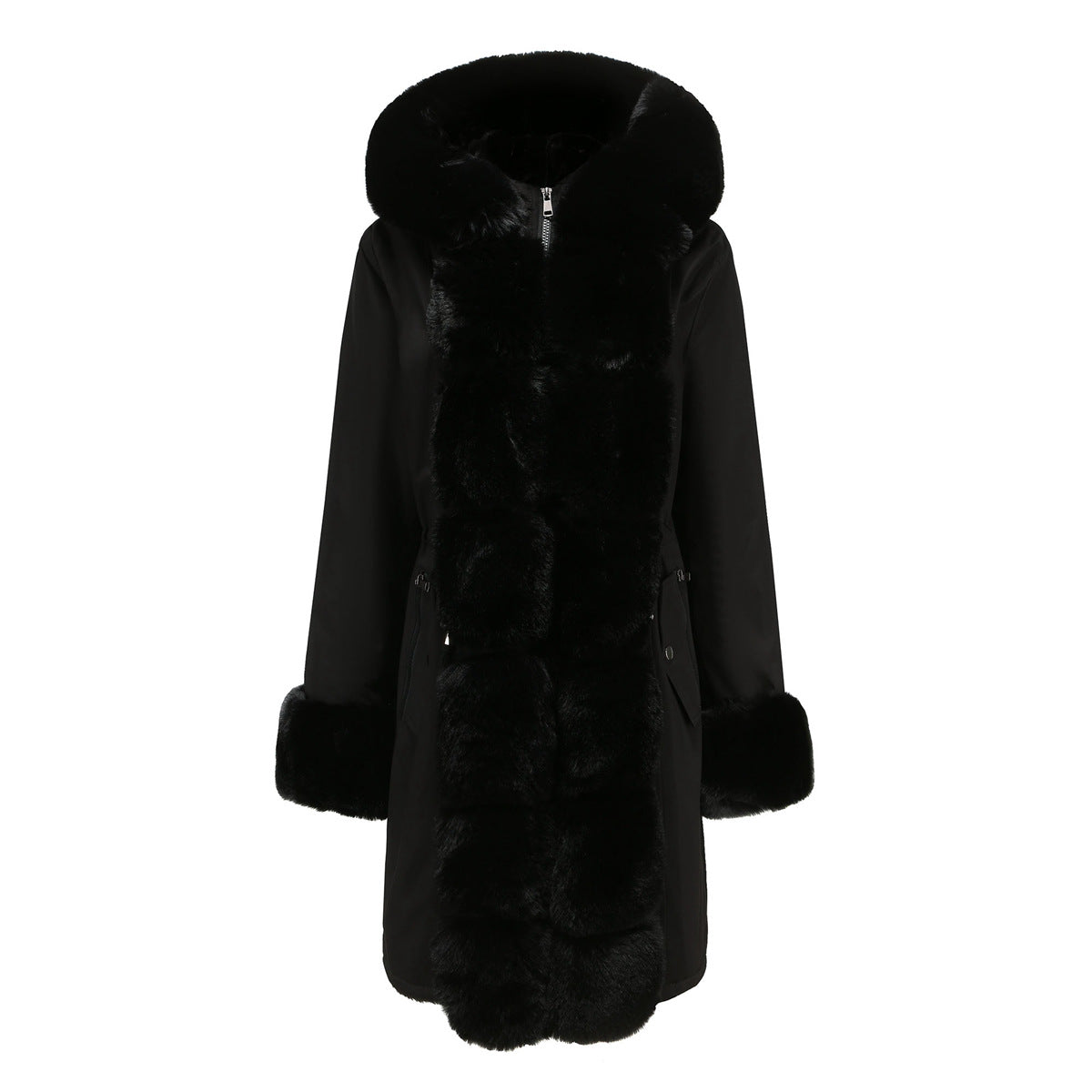 New Winter Women Fur Collar Hooded Warm Cotton Coat