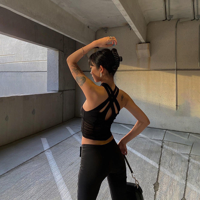 New Women Hanging Neck Backless Hollow Slim Mesh Bottoming Vest